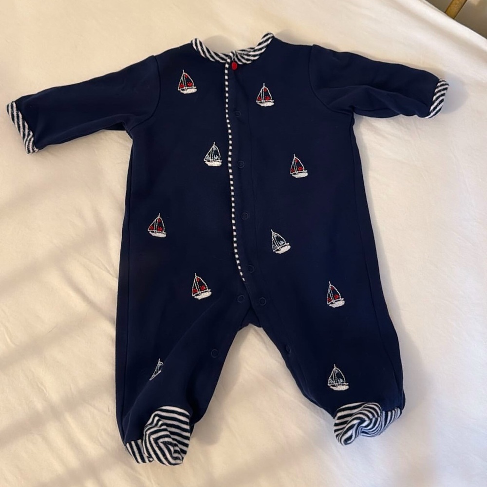Baby boy newborn sleeper sail boats coastal blue pajamas pjs onesie